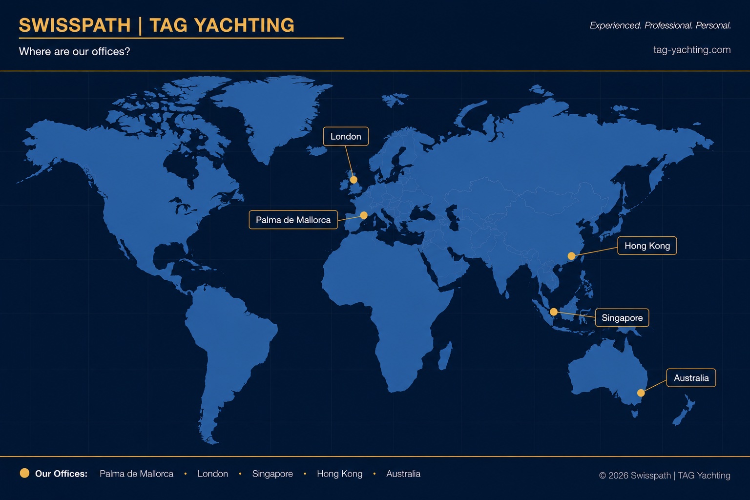 Map of Swisspath | TAG Yachting offices worldwide — Palma de Mallorca, London, Singapore, Hong Kong and Australia